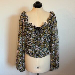 Free People Mabel Multi Floral Printed Ruched Blouse, Dramatic Balloon Sleeve, M